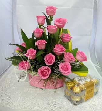 Pink Rose Basket & Box of Ferrero Rocher