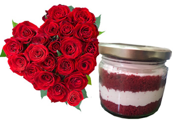 Roses Heart with cake in Jar  (Only For Delhi)