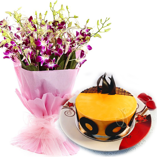 Mango Magic Cake & Orchids Bunch 