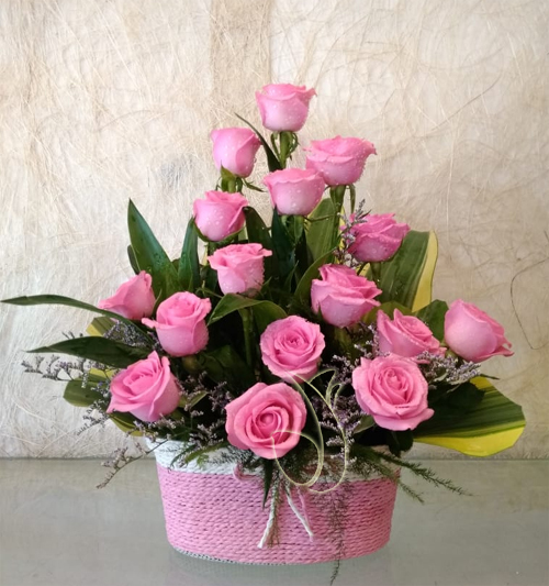 20 Pink Rose in Rafia Basket