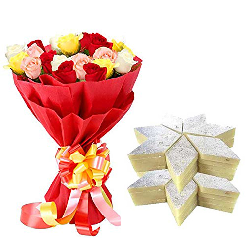 Bunch of Mix Roses in Paper & 500Gm Kaju Burfi 