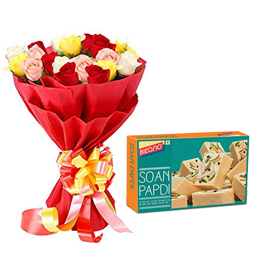 Bunch of Mix Roses in Paper & 500Gm Soanpapdi