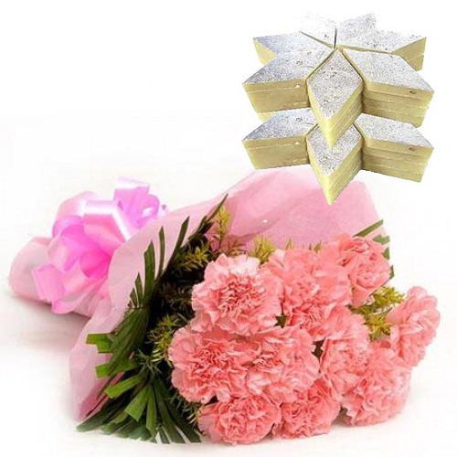 Bunch of 12 Pink Carnation & 1kg Kaju Burfi