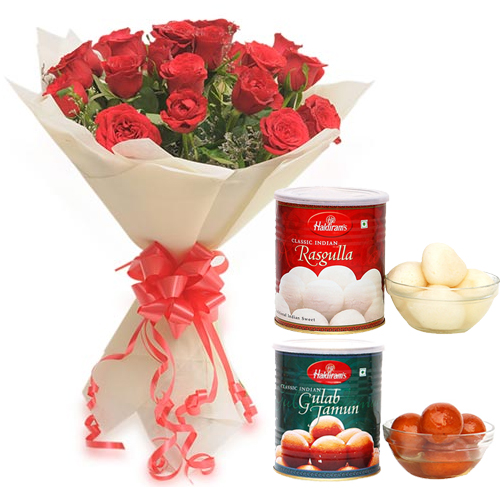 Bunch of Roses & Rasgulla & Gulab Jamun