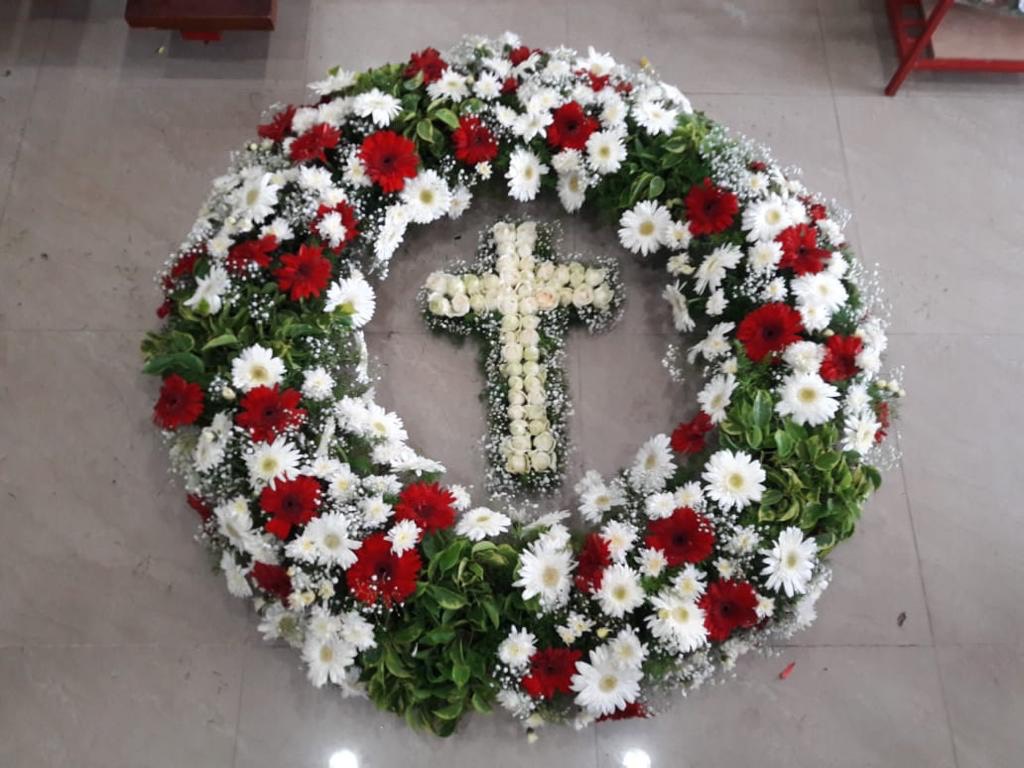 Red & White Mix Flowers Wreath with Cross