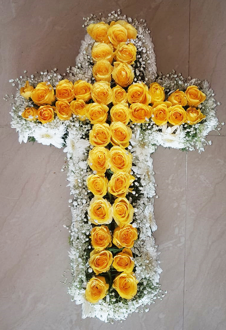 Sympathy Yellow Rose Cross Arrangement