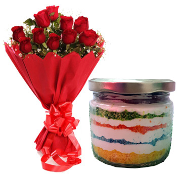 Red Roses & cake in Jar.  (Only For Delhi)