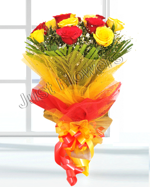 send flower Yamuna Vihar Delhi12 Red & Yellow Roses Bunch