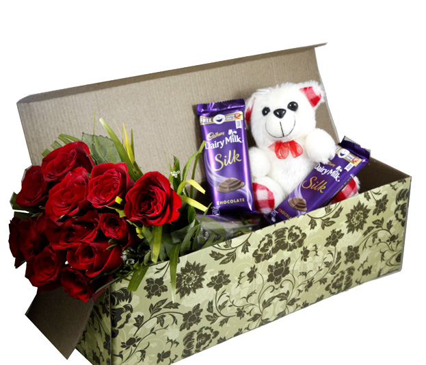 12 Roses, Small Teddy, 2 Dairymilk Silk Combo In A Box